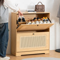 Hommpa Rattan Shoe Cabinet with 2 Flip Drawers & Adjustable Shelves 5 Tier Freestanding Tipping Bucket Shoes Storage Closet for 16 Pairs Narrow Console Table Modern Boho Entryway Shoe Rack Organizer