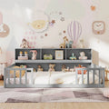 Full Size Montessori Floor Bed with Bookcase, Storage Shelves & Safety Fence Rails, Solid Wood Bed Frame for Kids, No Box Spring Needed