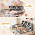 Full Size Montessori Floor Bed with Bookcase, Storage Shelves & Safety Fence Rails, Solid Wood Bed Frame for Kids, No Box Spring Needed
