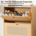 Hommpa Rattan Shoe Cabinet with 2 Flip Drawers & Adjustable Shelves 5 Tier Freestanding Tipping Bucket Shoes Storage Closet for 16 Pairs Narrow Console Table Modern Boho Entryway Shoe Rack Organizer