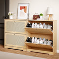 Hommpa Rattan Shoe Cabinet with 2 Flip Drawers & Adjustable Shelves 5 Tier Freestanding Tipping Bucket Shoes Storage Closet for 16 Pairs Narrow Console Table Modern Boho Entryway Shoe Rack Organizer