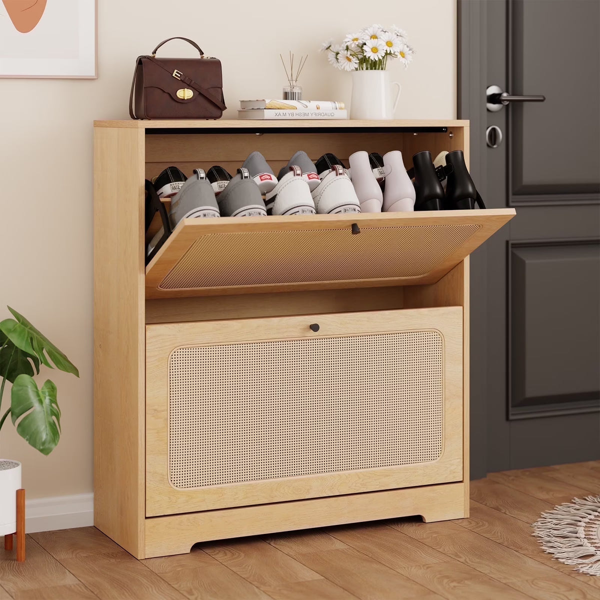 Hommpa Rattan Shoe Cabinet with 2 Flip Drawers & Adjustable Shelves 5 Tier Freestanding Tipping Bucket Shoes Storage Closet for 16 Pairs Narrow Console Table Modern Boho Entryway Shoe Rack Organizer