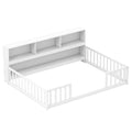 Full Size Montessori Floor Bed with Bookcase, Storage Shelves & Safety Fence Rails, Solid Wood Bed Frame for Kids, No Box Spring Needed