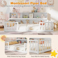 Full Size Montessori Floor Bed with Bookcase, Storage Shelves & Safety Fence Rails, Solid Wood Bed Frame for Kids, No Box Spring Needed